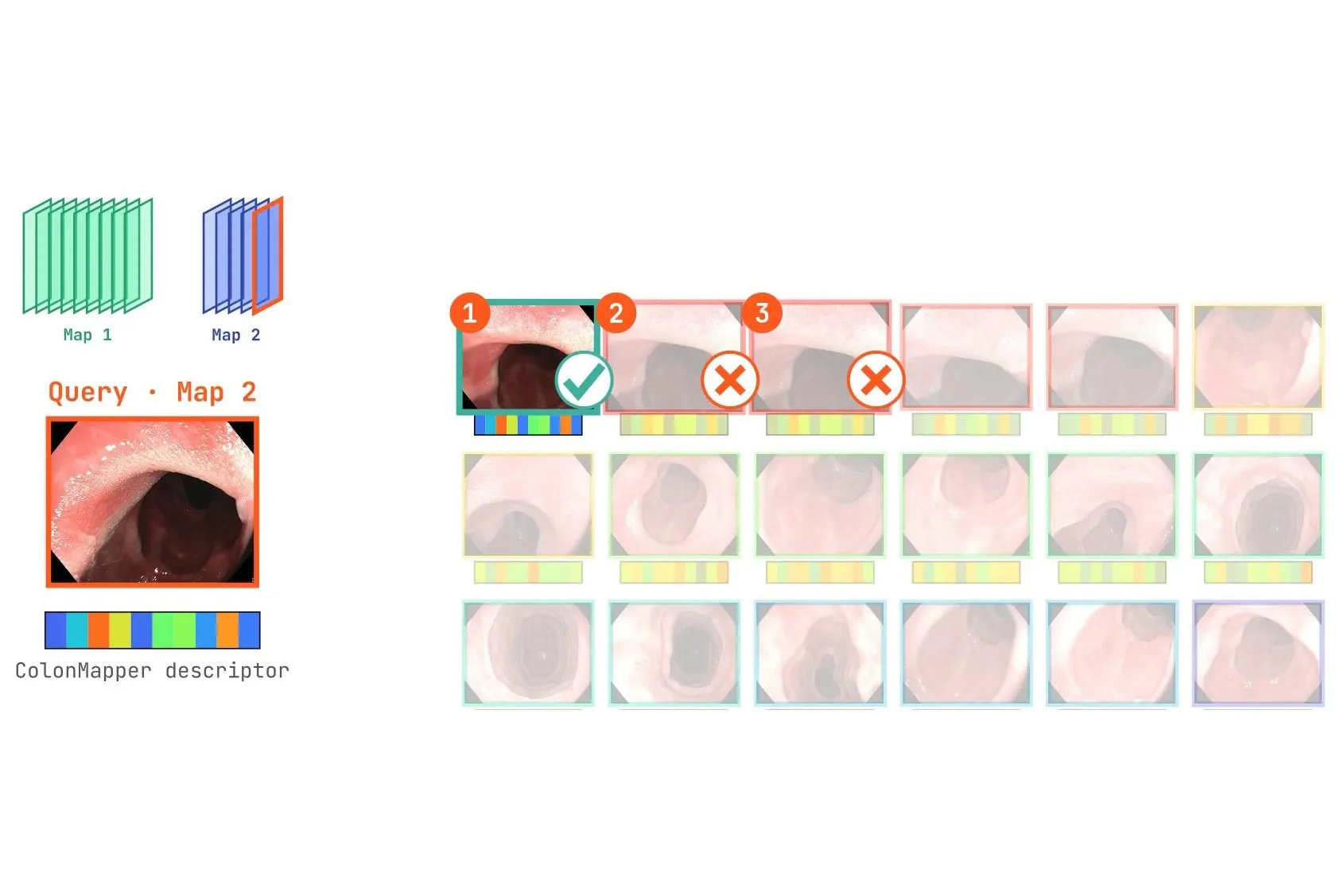 The query from the new map with its ColonMapper descriptor and, on the right, the images from the old map ranked by similarity: the first candidate passes the geometric check and the other two don't